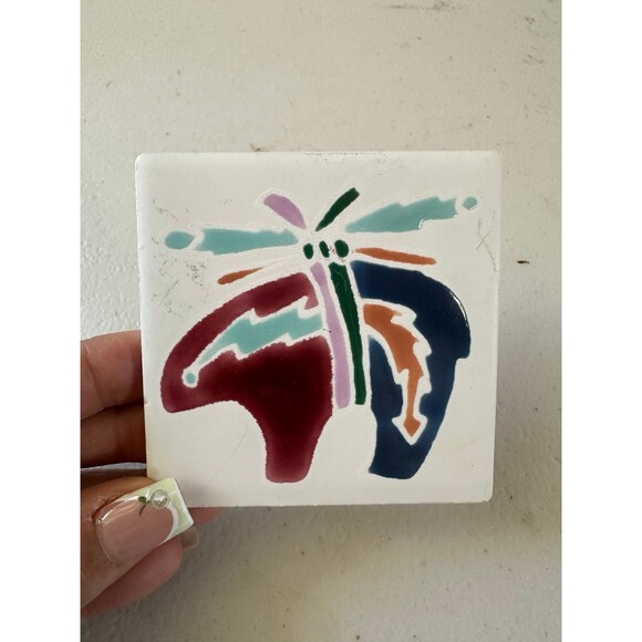 Thaicera Stenciled Hand Painted Asbstract Ceramic Tile Clothespin Memo Holder - Picture 1 of 2